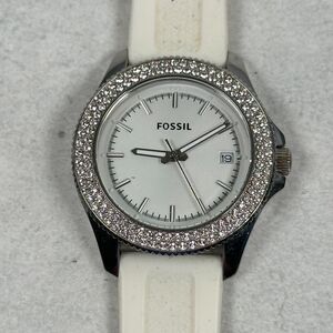 Fossil Watch Womens 36mm Date Pave Bezel White Band Retro Traveler New Battery